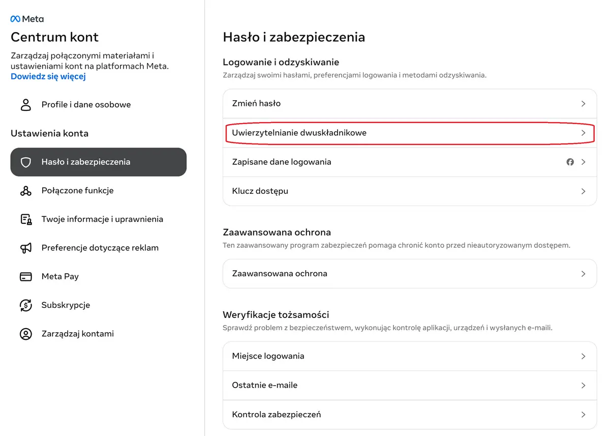 Uwierzytelnianie dwuskładnikowe na Facebooku – ustawienia 2FA w Centrum kont MetaŹródło: zrzut ekranu z Facebook.com