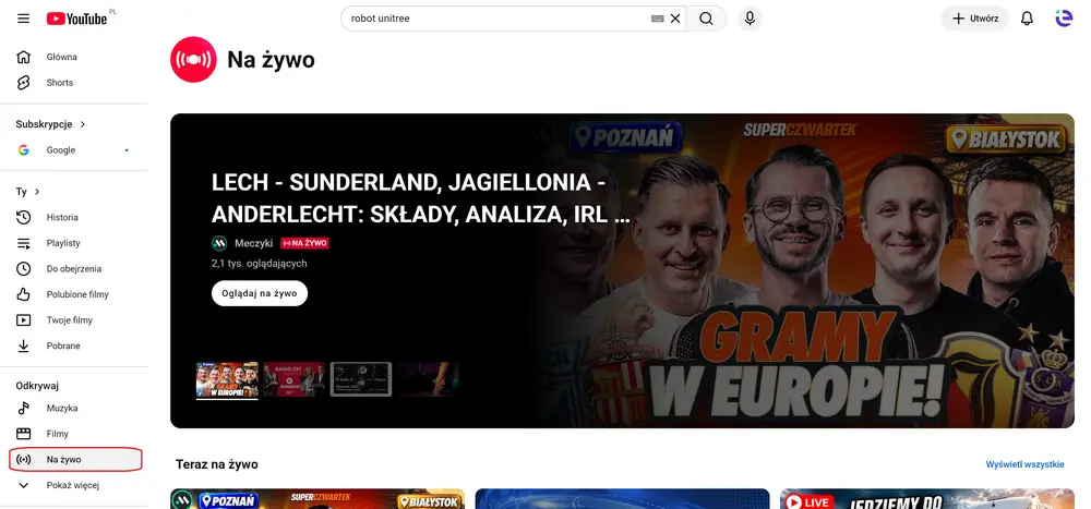 YouTube Live – sekcja transmisji na żywo z aktualnie trwającymi streamami i liczbą oglądającychŹródło: zrzut ekranu z YouTube.com