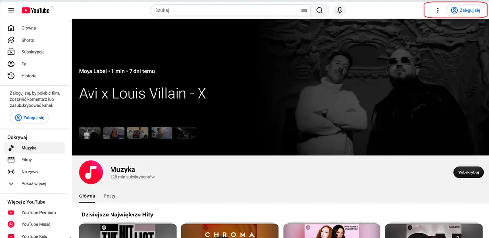 YouTube Music – sekcja muzyczna YouTube z rekomendowanymi utworami, kanałem Muzyka i opcją logowaniaŹródło: zrzut ekranu z YouTube.com