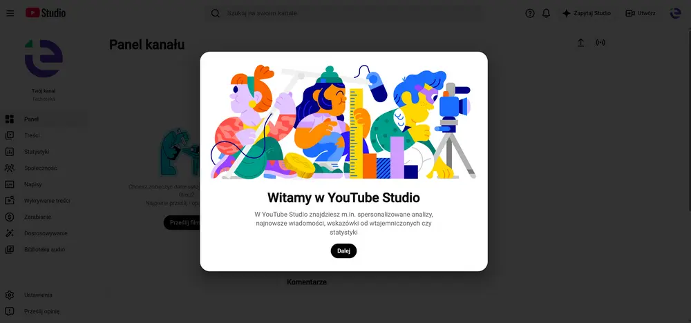 YouTube Studio – panel twórcy z narzędziami do zarządzania kanałem, statystykami, komentarzami i monetyzacjąŹródło: zrzut ekranu z YouTube Studio