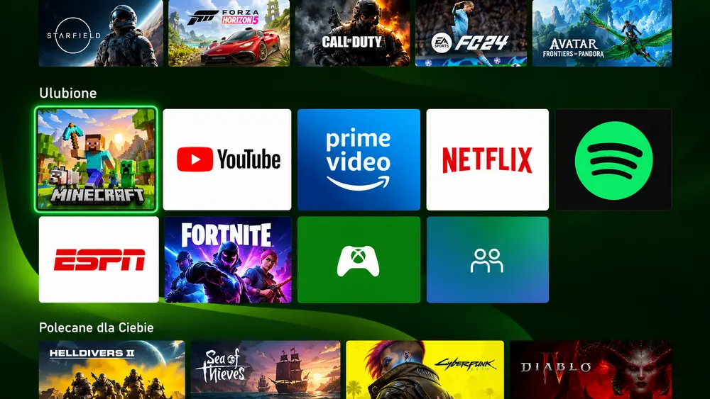 YouTube na konsoli Xbox – ekran z aplikacją YouTube wśród gier i serwisów streamingowych