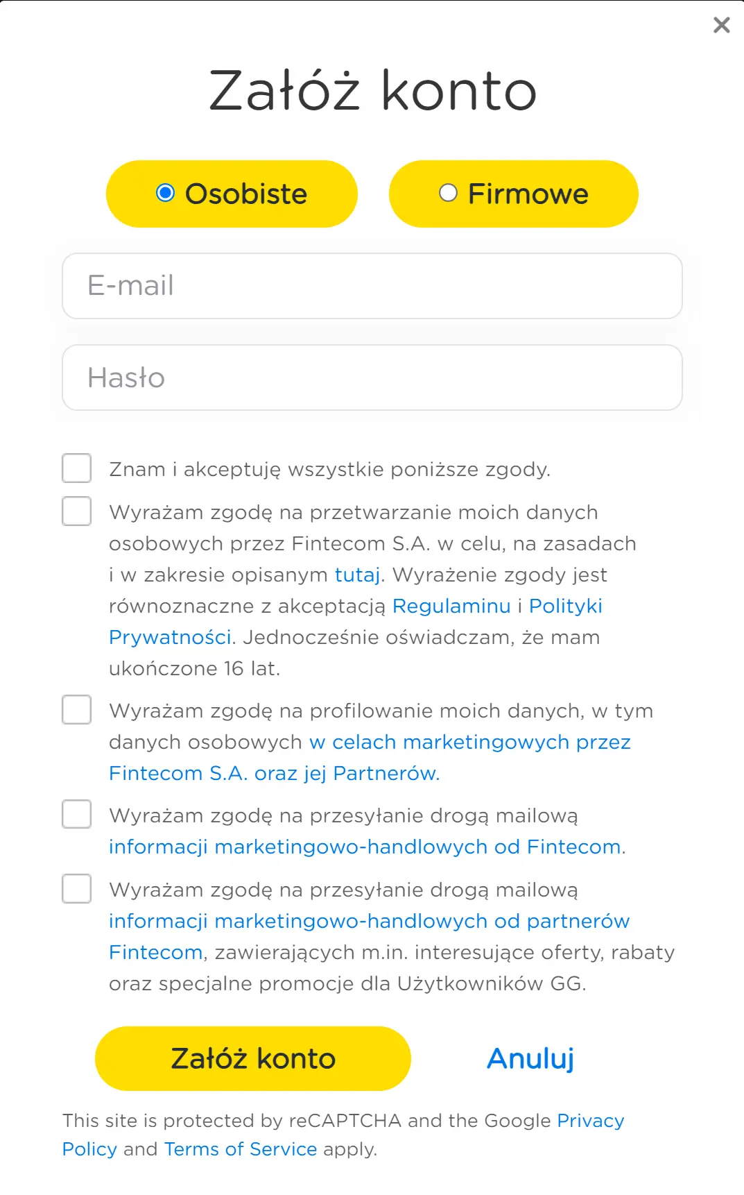 Zakładanie konta Gadu-Gadu – formularz rejestracji konta osobistego lub firmowego. Źródło: zrzut ekranu z GG.pl