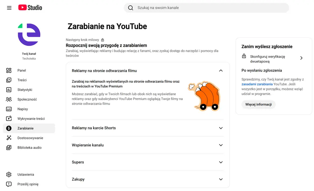 Zarabianie na YouTube – sekcja monetyzacji w YouTube Studio