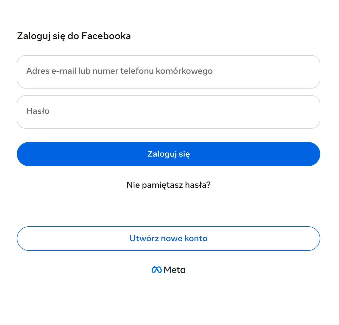 Logowanie do Facebooka – formularz logowania adresem e-mail lub numerem telefonu i hasłemŹródło: zrzut ekranu z Facebook.com