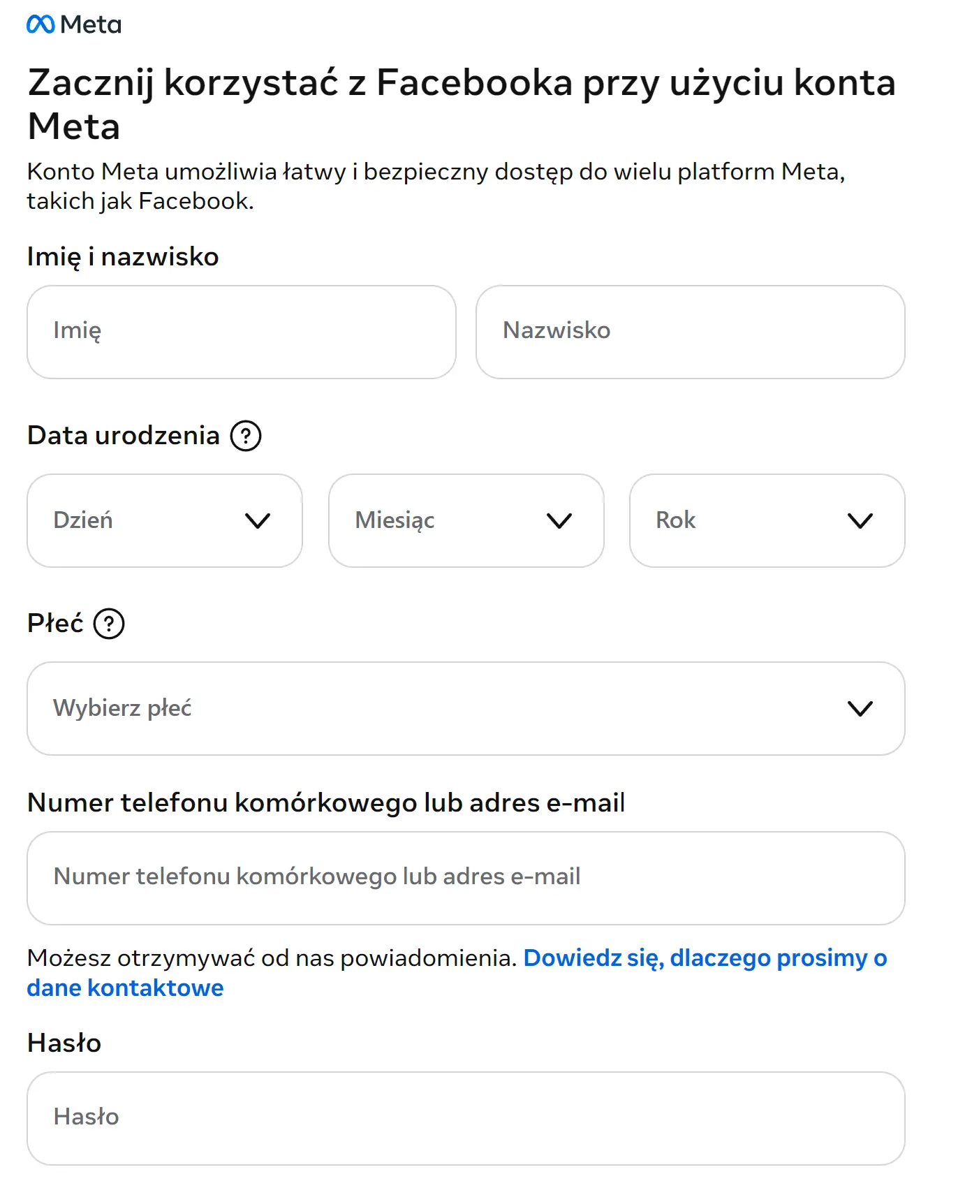 Rejestracja na Facebooku – formularz tworzenia konta Meta z danymi użytkownika, adresem e-mail lub numerem telefonu i hasłemŹródło: zrzut ekranu z Facebook.com
